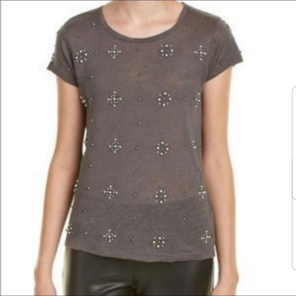 Alice + Olivia Tops - Alice + Olivia Grey Robin Linen Embellished Tee